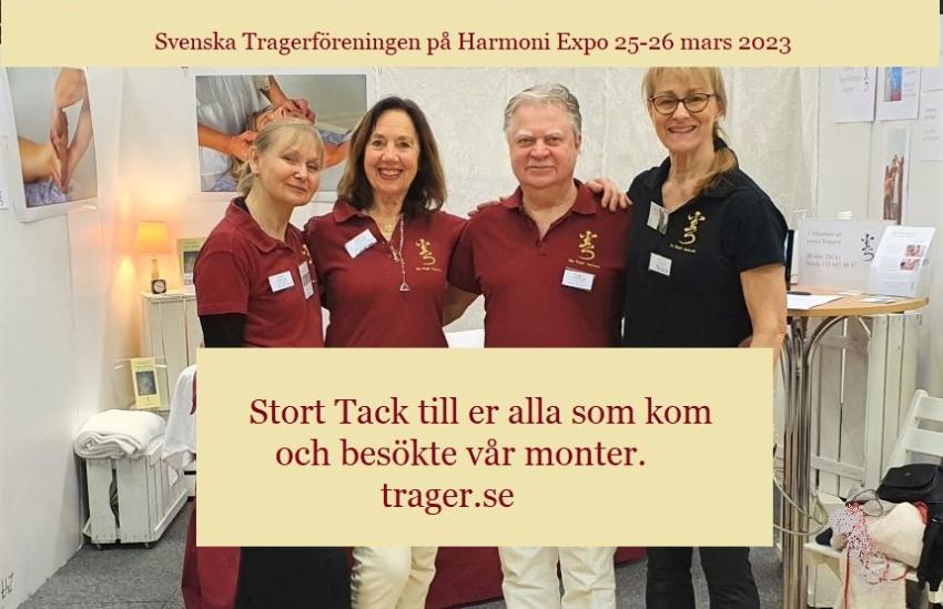 Svenska Tragerföreningen på Harmoni Expo i Solna 25-26 mars 2023. Fr v: Birgitta Hultqvist, Ann-Charlotte Fogel, Jan Fogel och Åsa Lundell. Med i montern var även Olof Larsson.